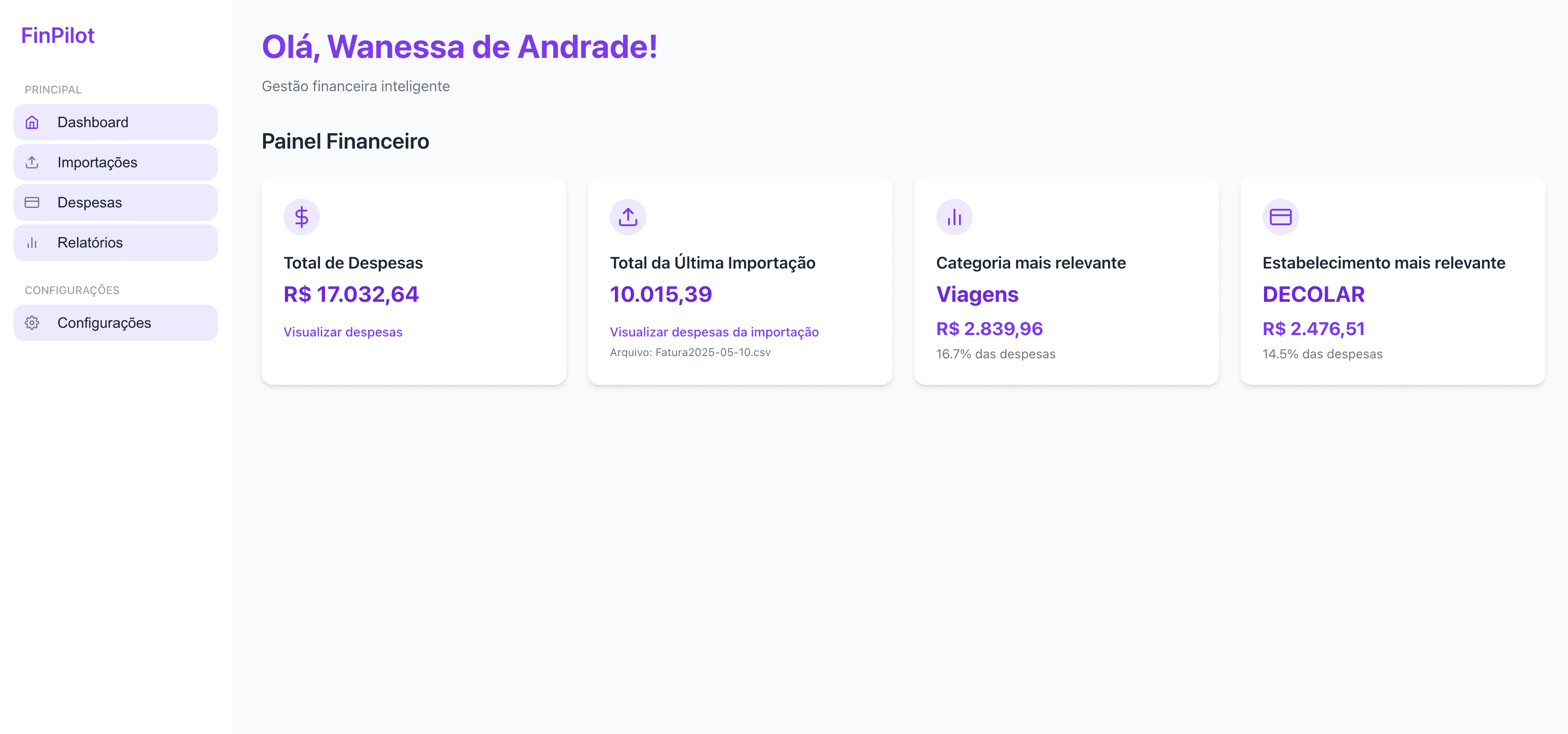 Dashboard do FinPilot mostrando controle financeiro inteligente, gráficos e relatórios personalizados para toda a família